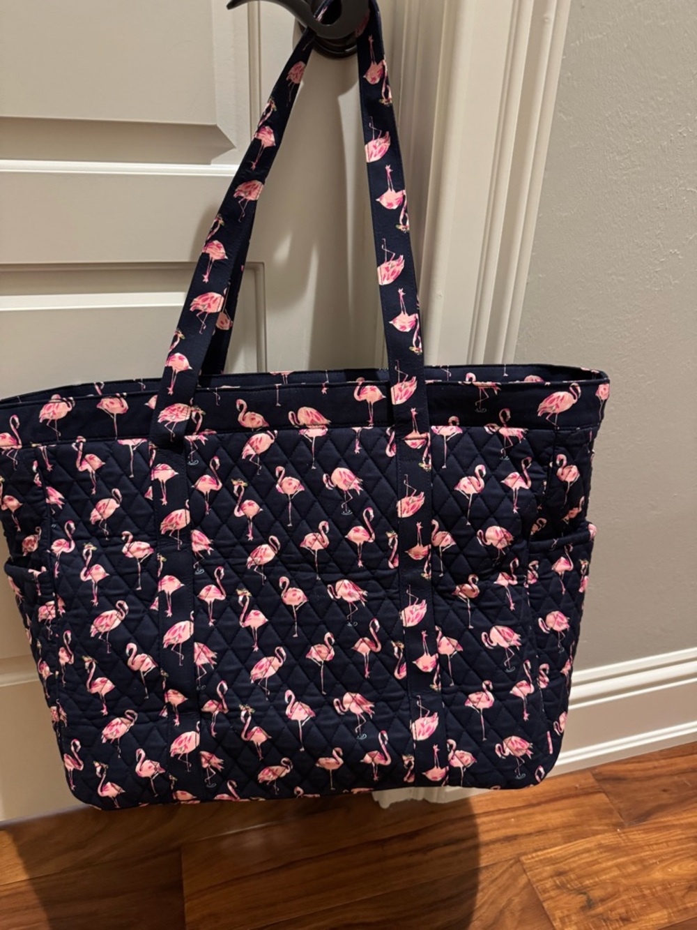 Vera Bradley Navy Quilted Tote with Pink Flamingo Print